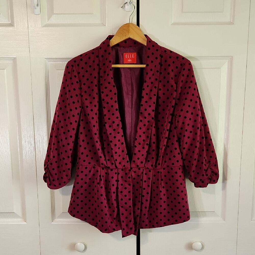 Elle Womens Plum Polka-Dot Blazer Size LG Pleated Ruched Girlhood Fairycore